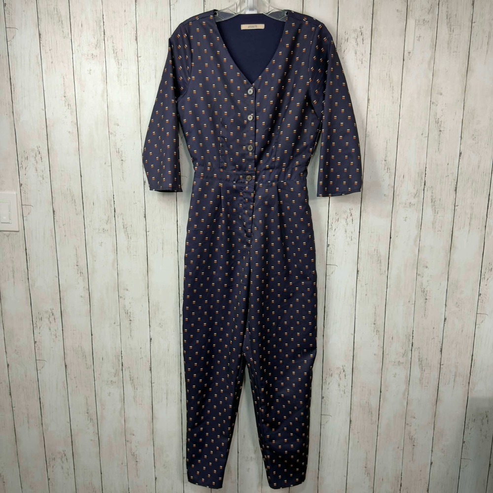 Antoinette Women's Blue Geometric Print Button Front‎ Jumpsuit Size Small